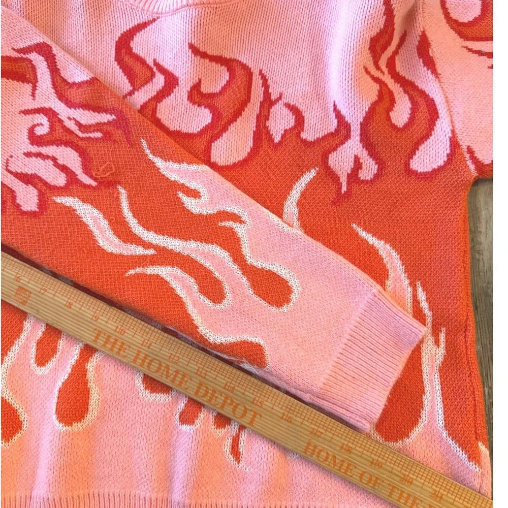 Aqua Blues Y2K Flame Sweater Pink Orange‎ Fire Graphic Knit Pullover Size Medium